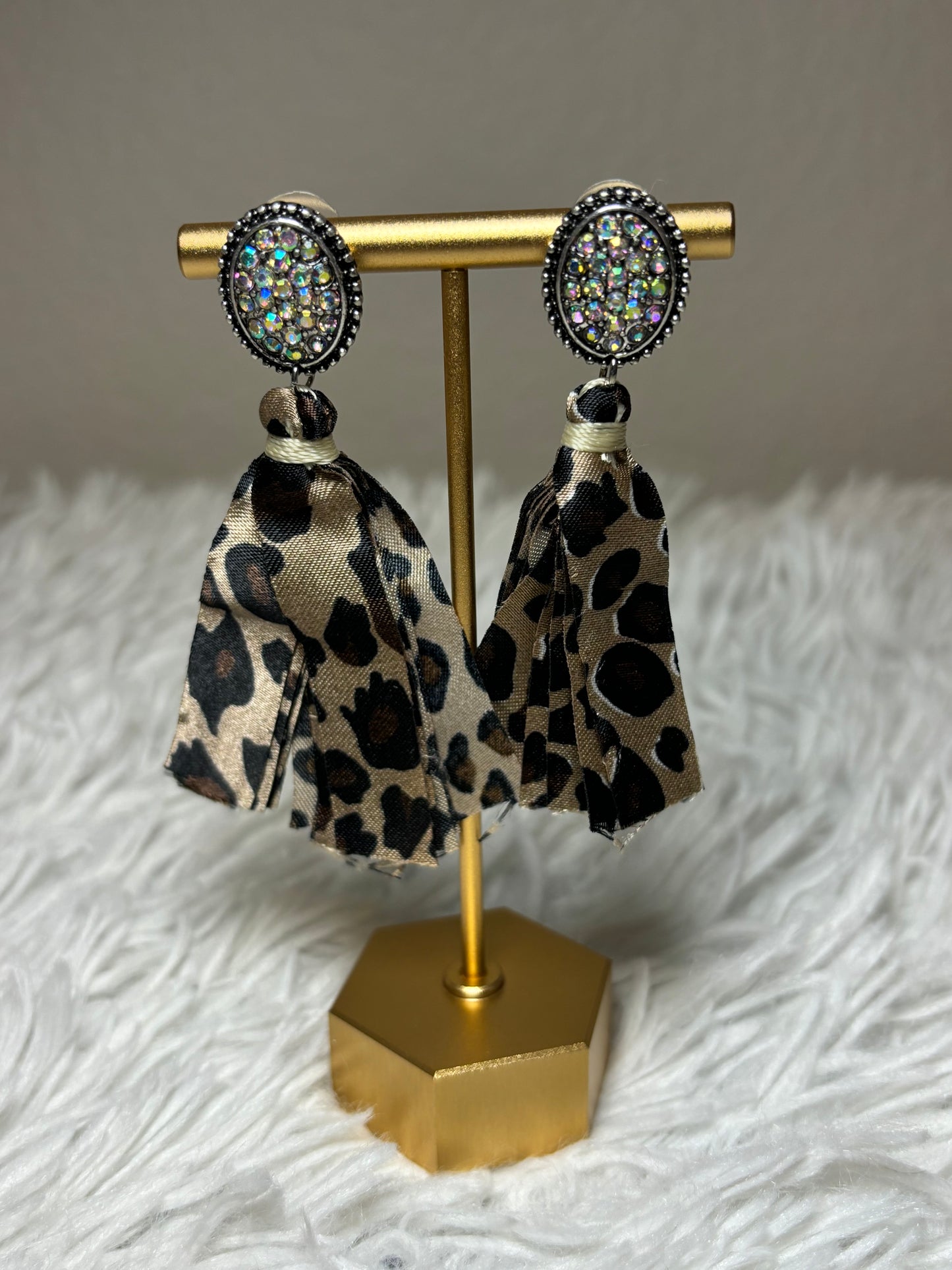 AB stone earring with Leopard Tassel