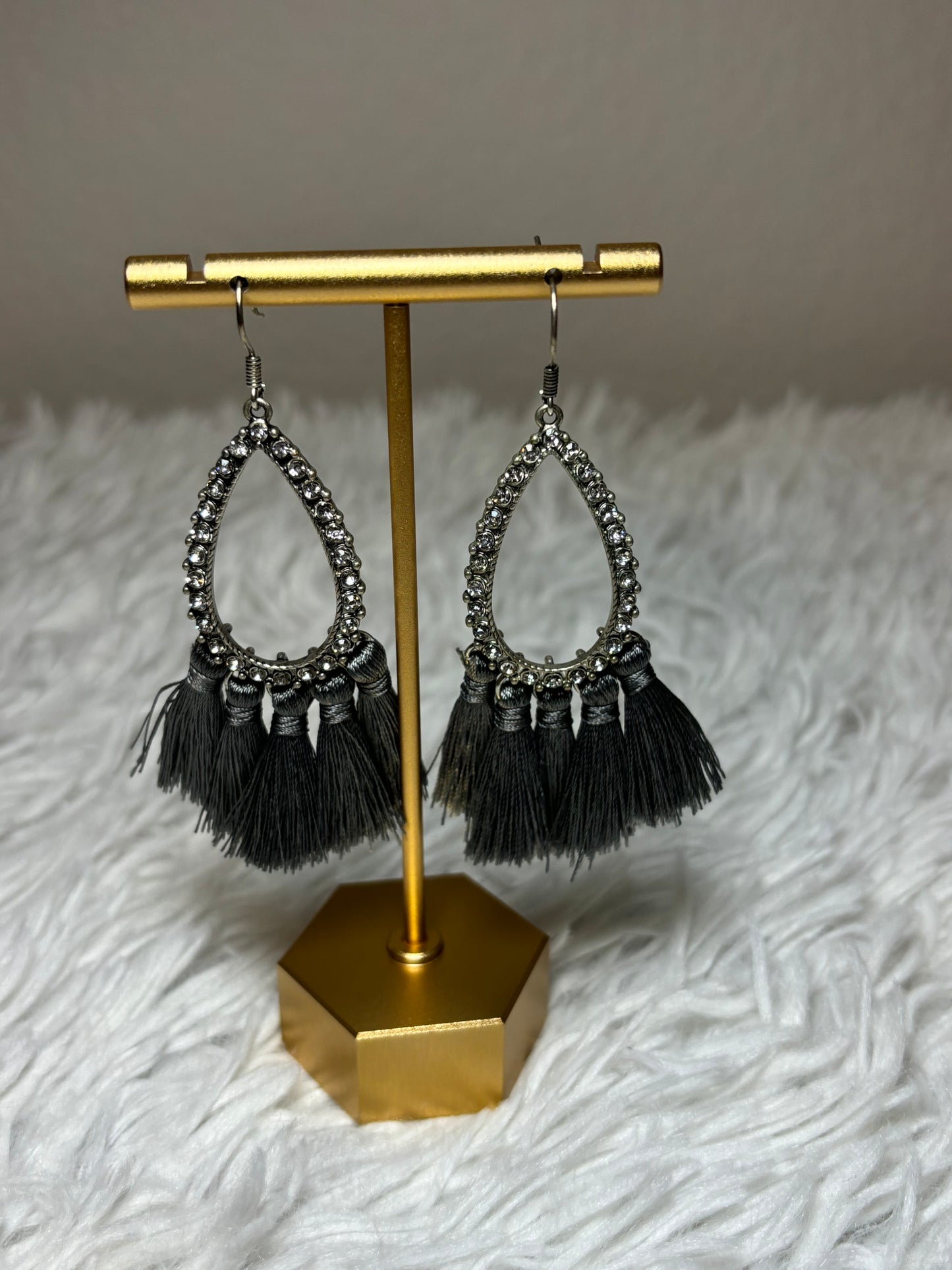 AB Teardrop Gray Tassel Earrings