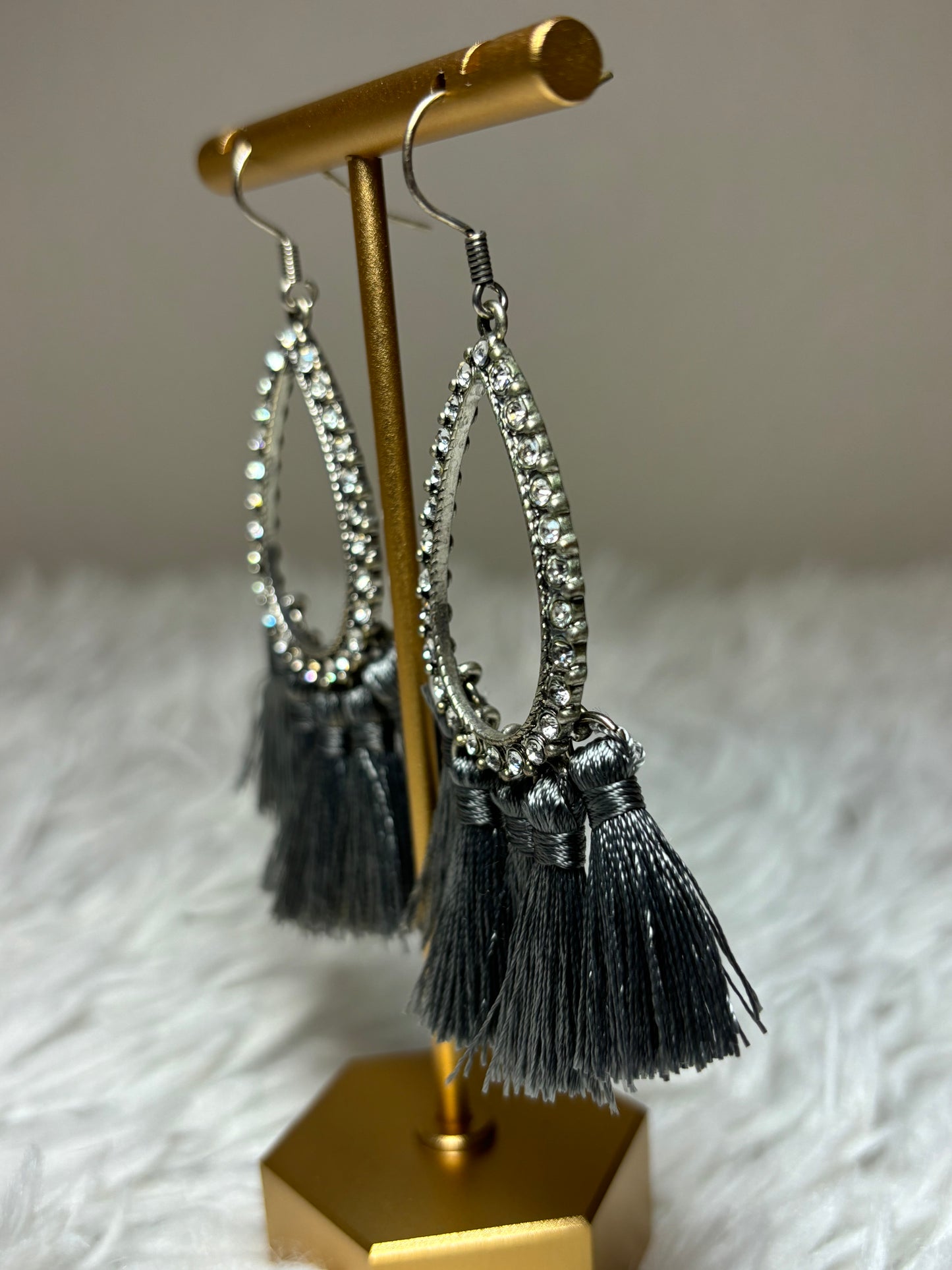 AB Teardrop Gray Tassel Earrings