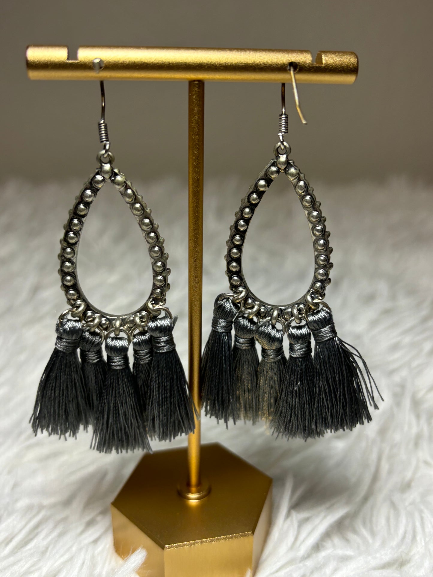 AB Teardrop Gray Tassel Earrings