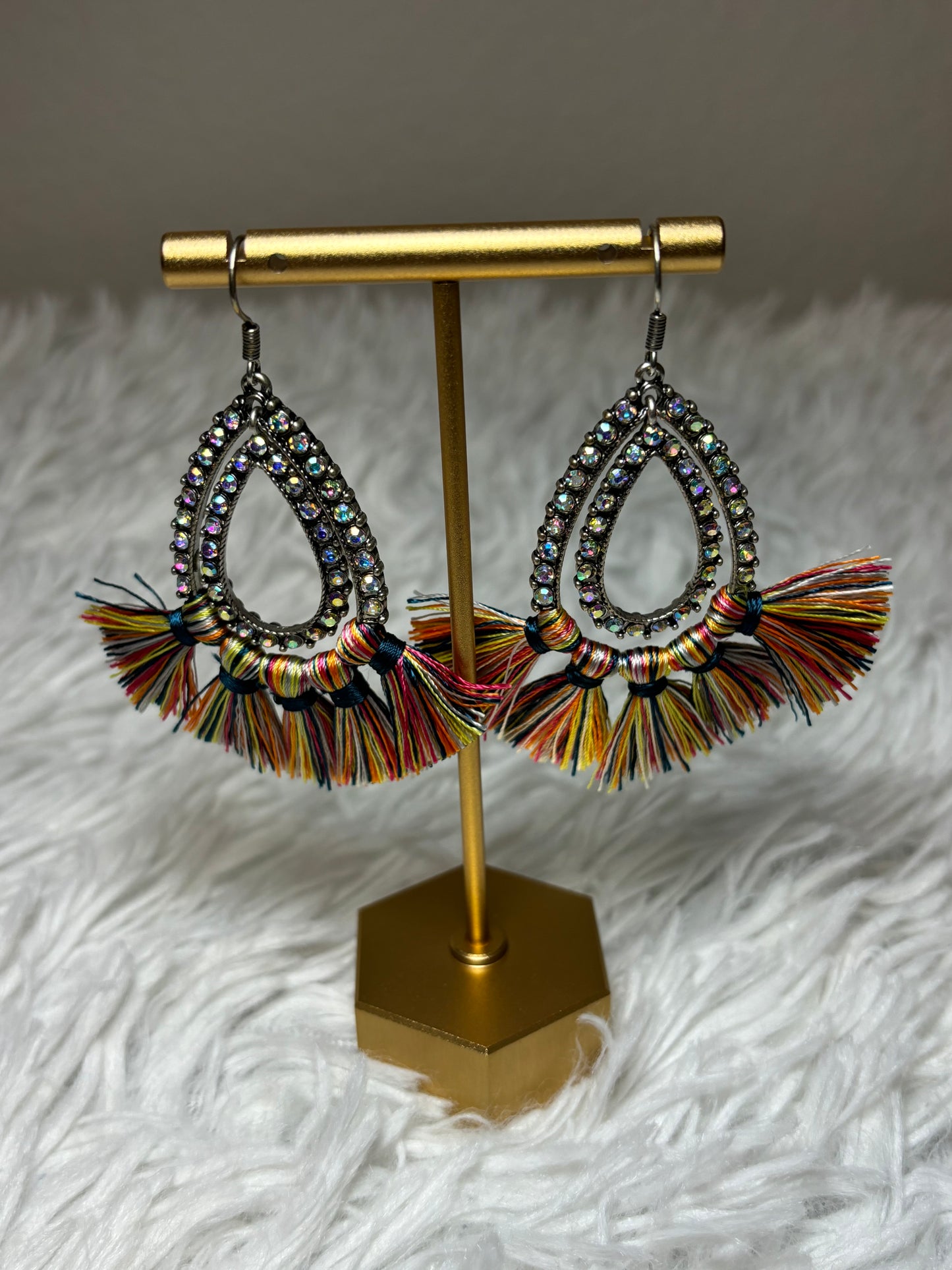 AB Teardrop Earrings with Multi-Colored Tassels