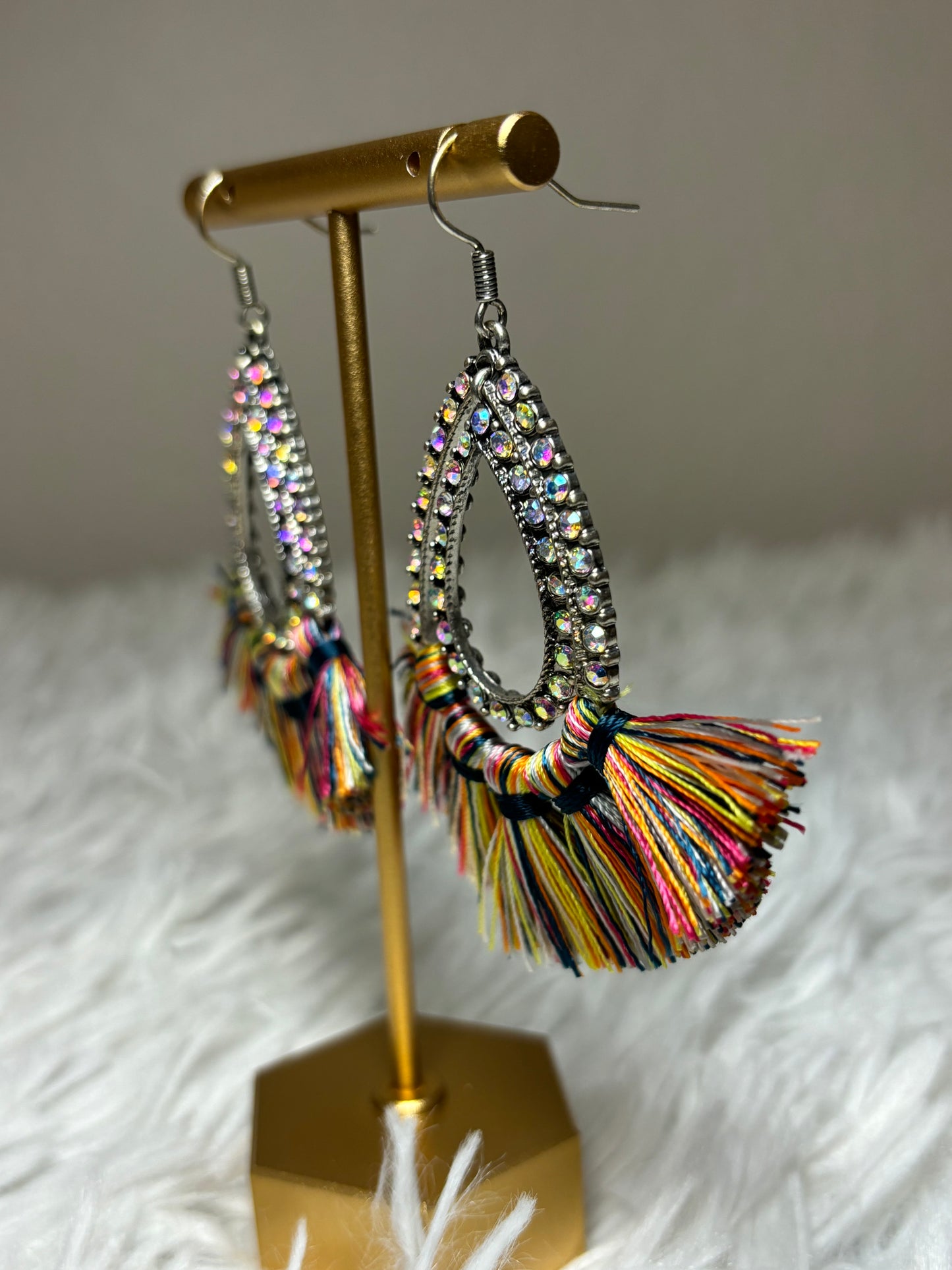 AB Teardrop Earrings with Multi-Colored Tassels