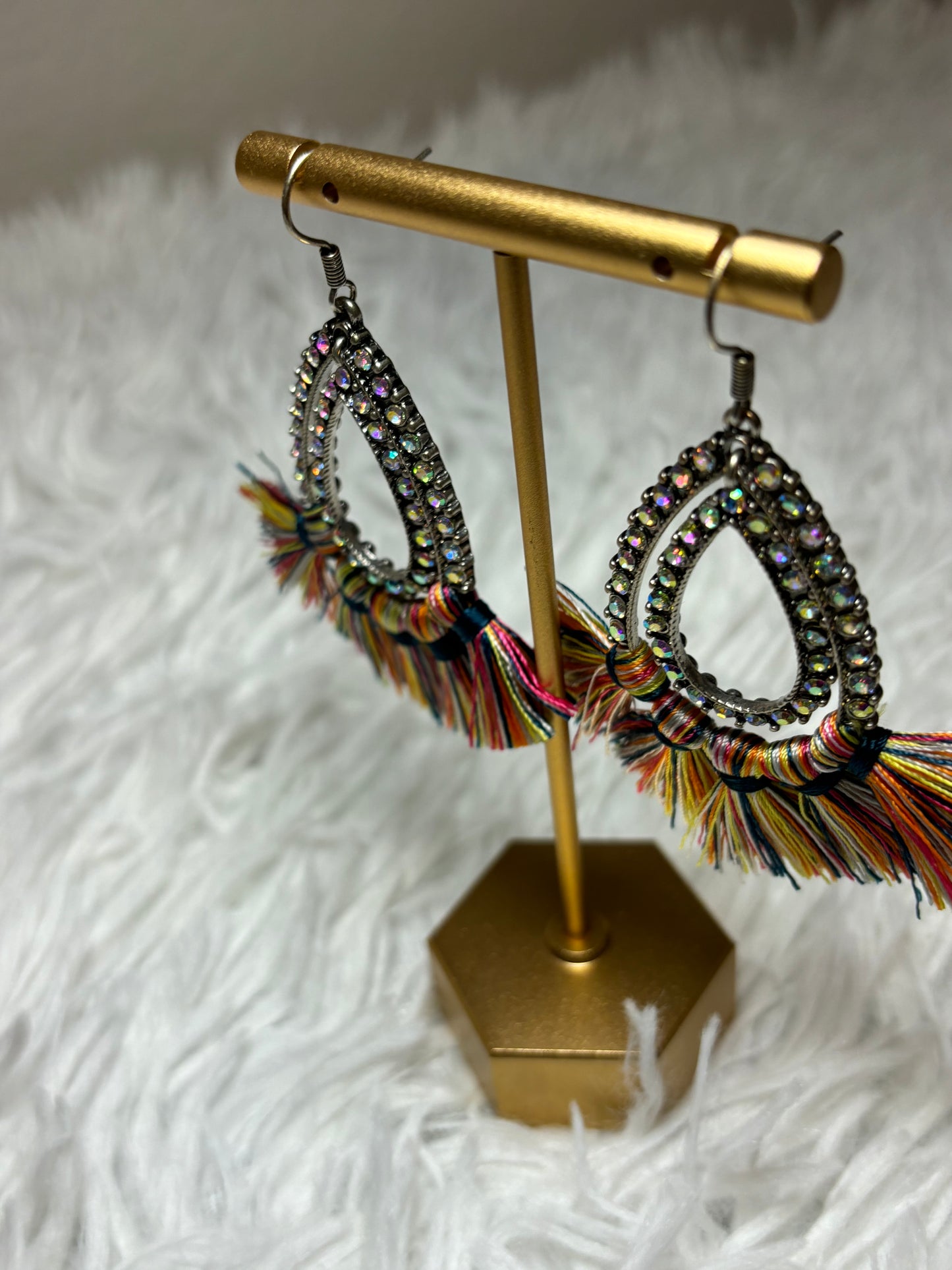 AB Teardrop Earrings with Multi-Colored Tassels