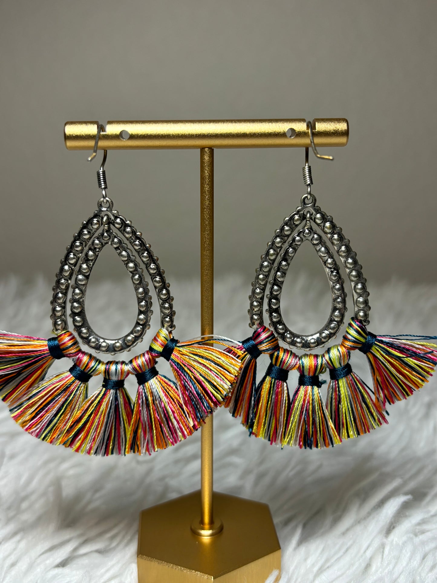 AB Teardrop Earrings with Multi-Colored Tassels