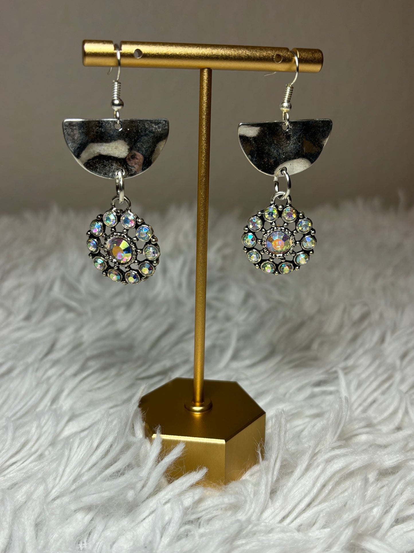 Silver Dangle AB Flower Crystal Earrings