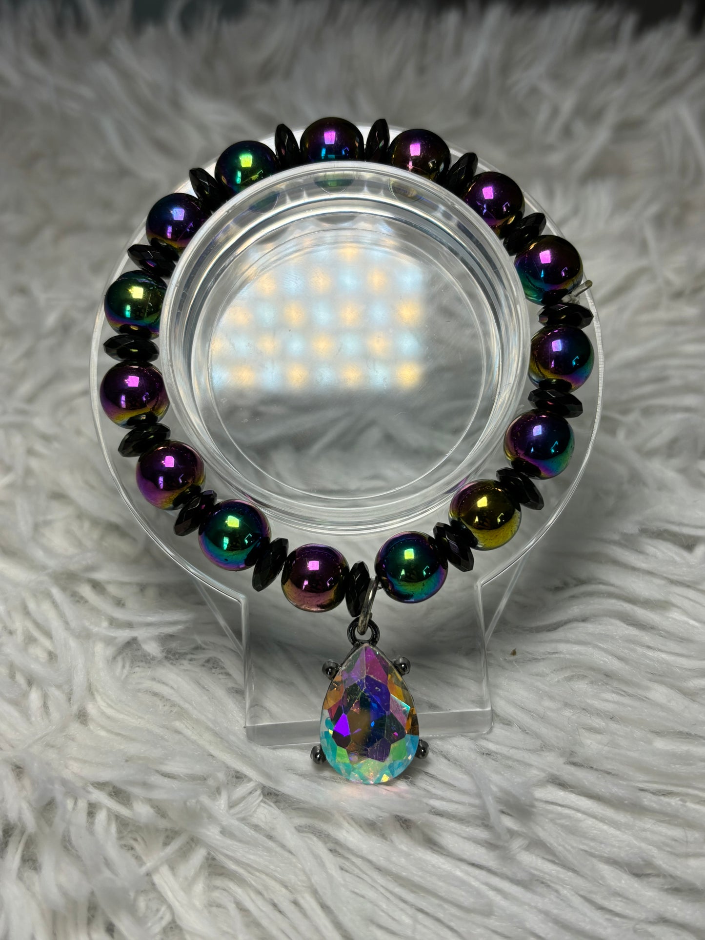 Iridescent Hematite Beaded Bracelet with Teardrop Charm