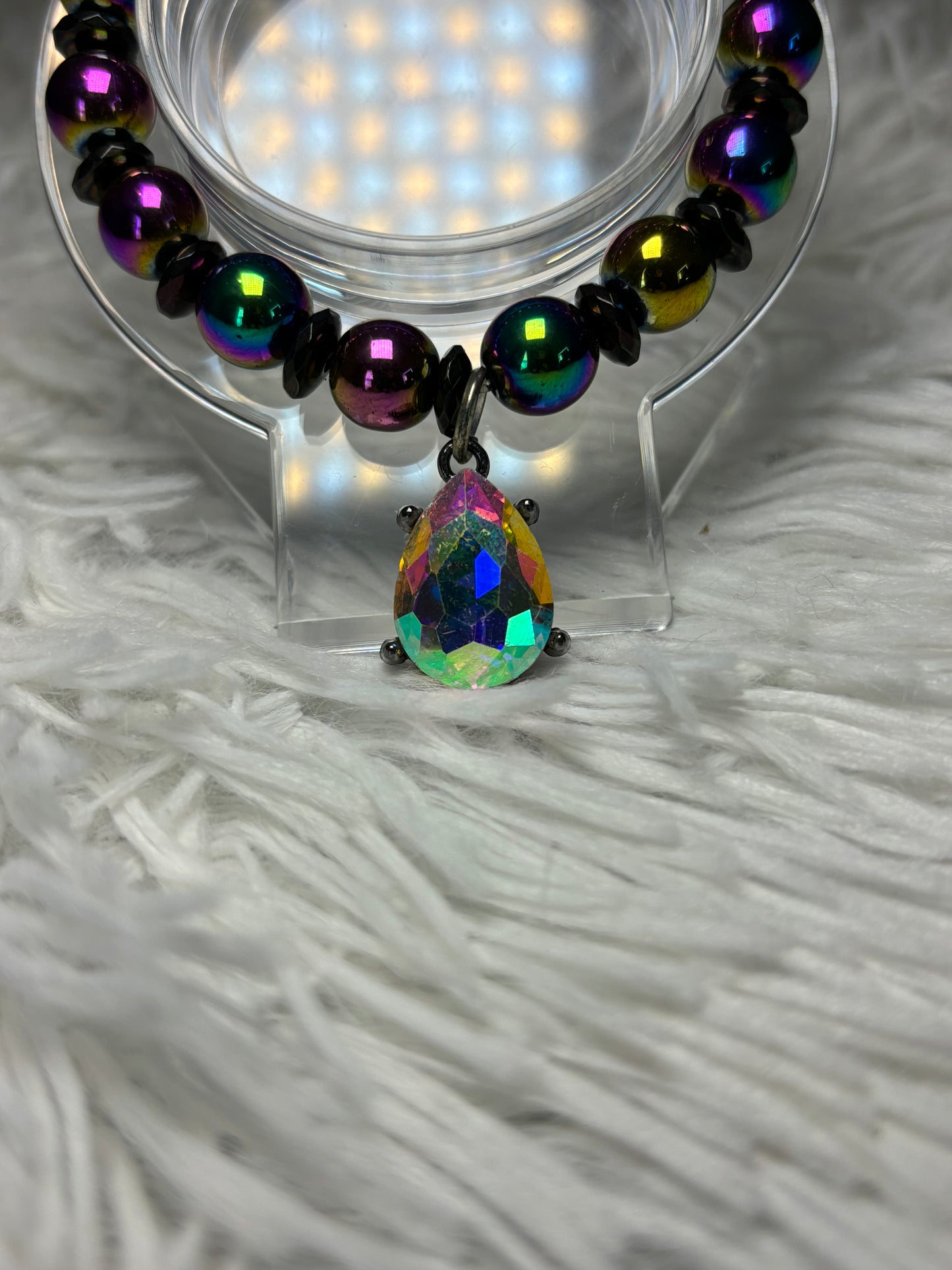 Iridescent Hematite Beaded Bracelet with Teardrop Charm