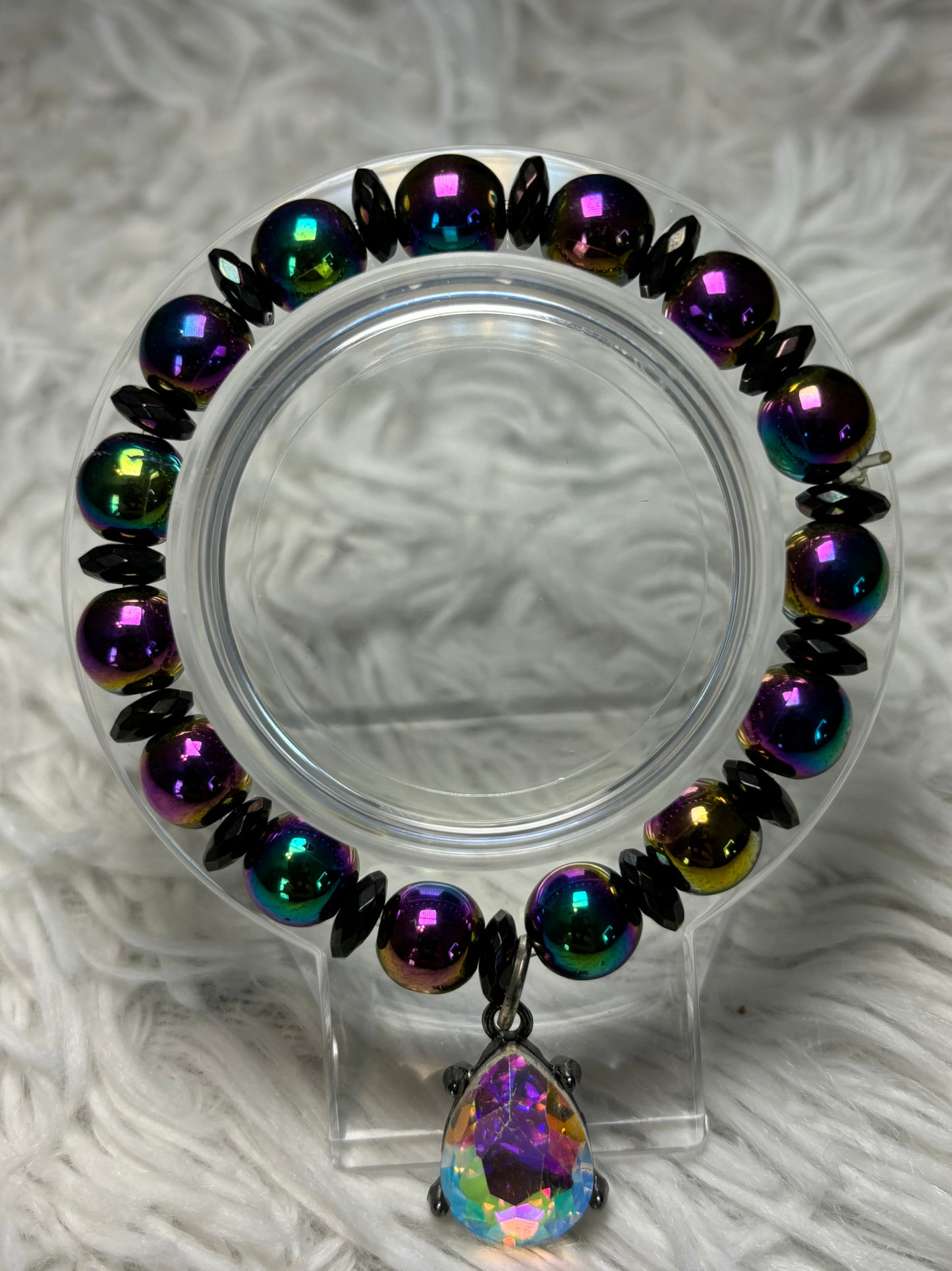 Iridescent Hematite Beaded Bracelet with Teardrop Charm