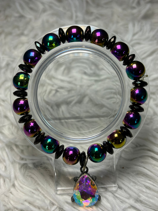 Iridescent Hematite Beaded Bracelet with Teardrop Charm