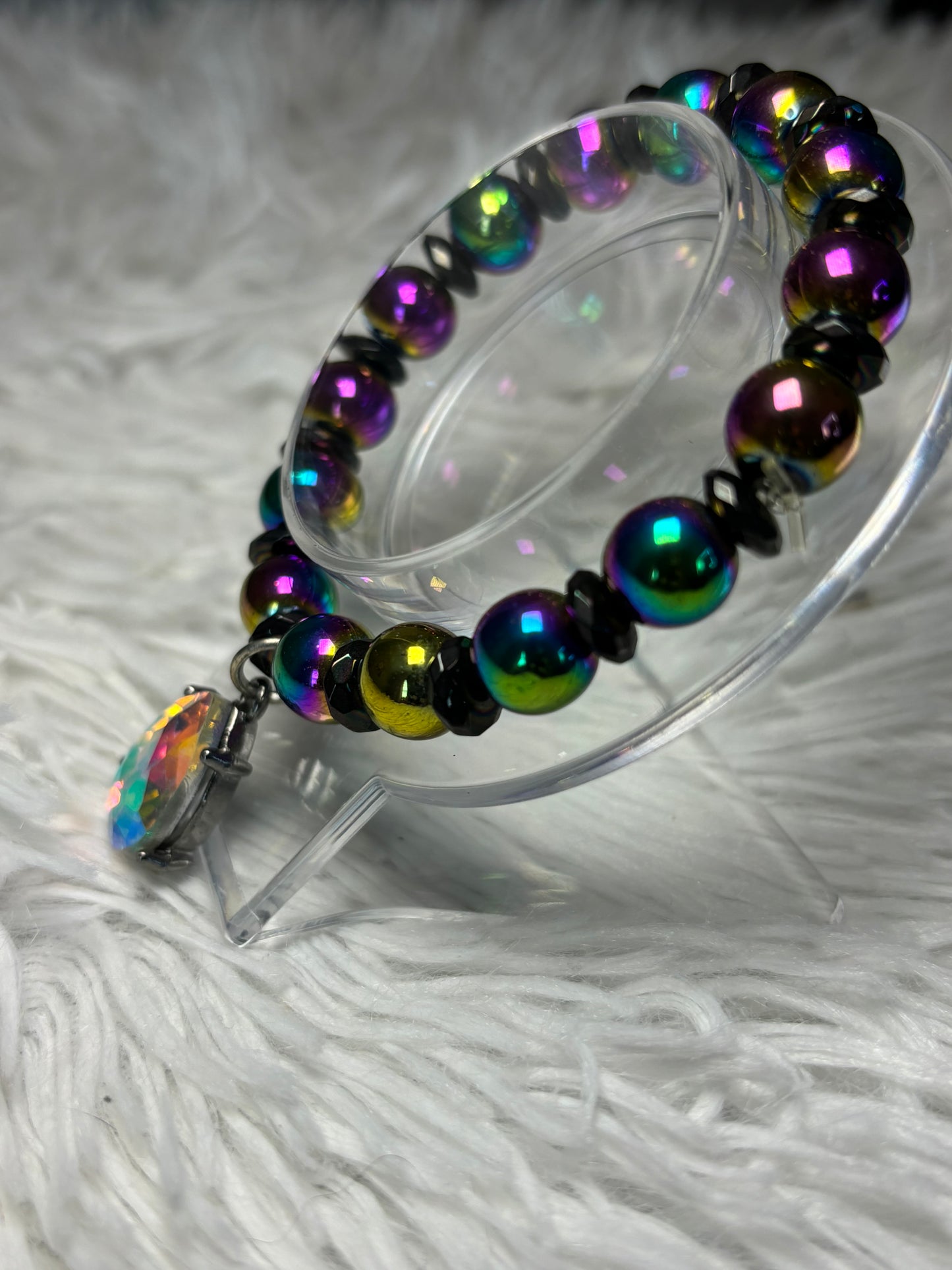 Iridescent Hematite Beaded Bracelet with Teardrop Charm
