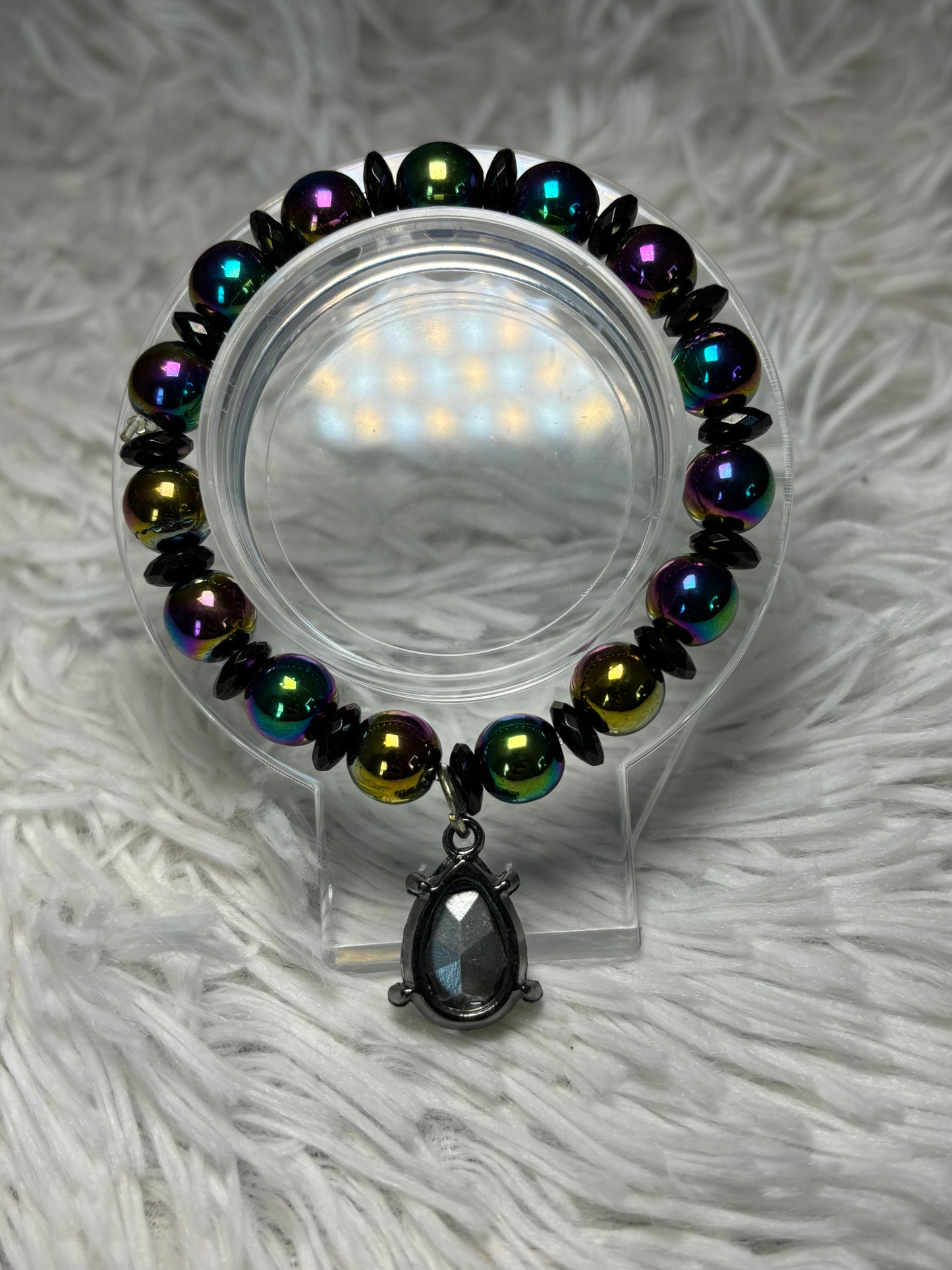 Iridescent Hematite Beaded Bracelet with Teardrop Charm