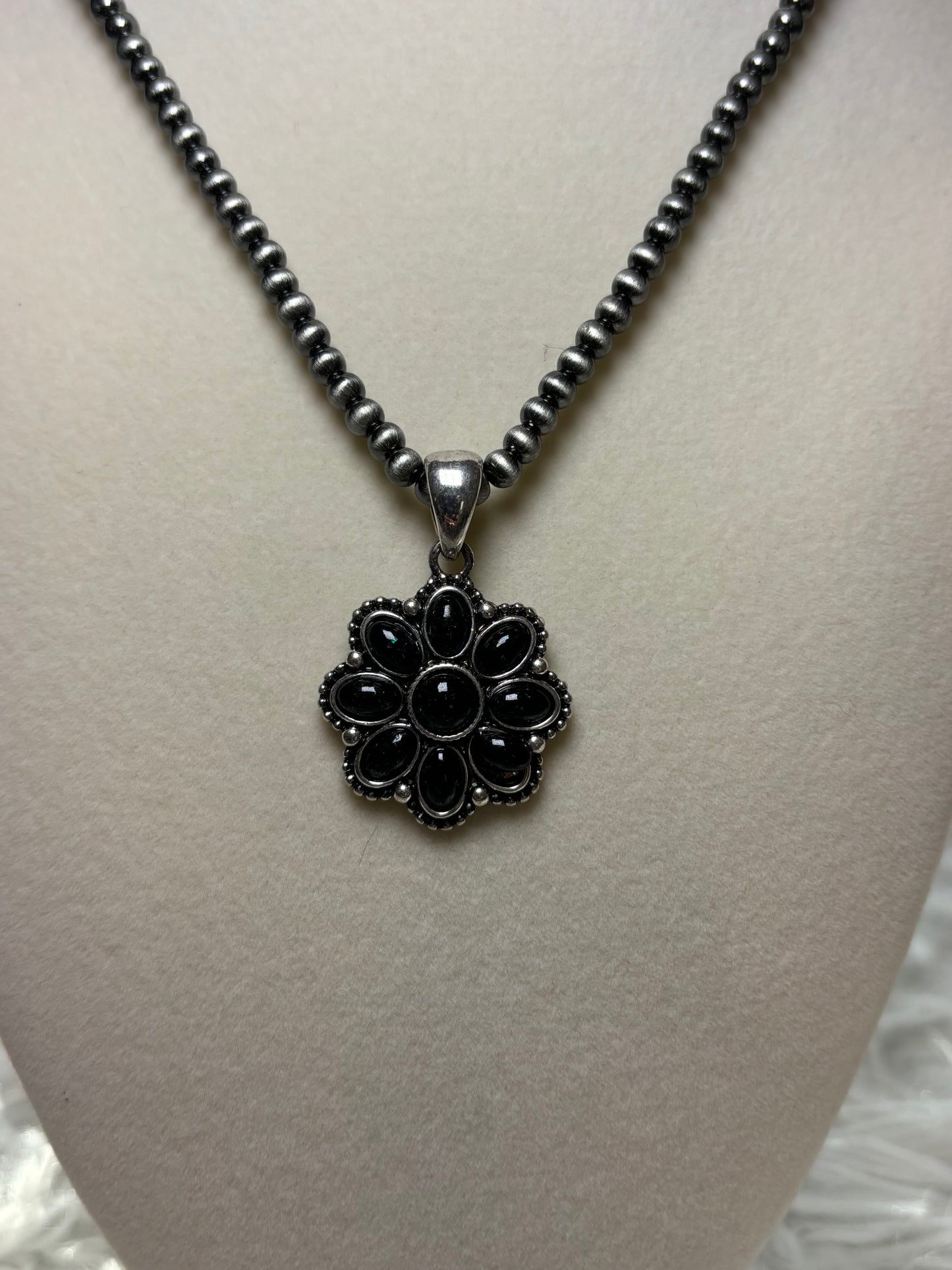 Western Opal Stone Flower Pendant Necklace- Black