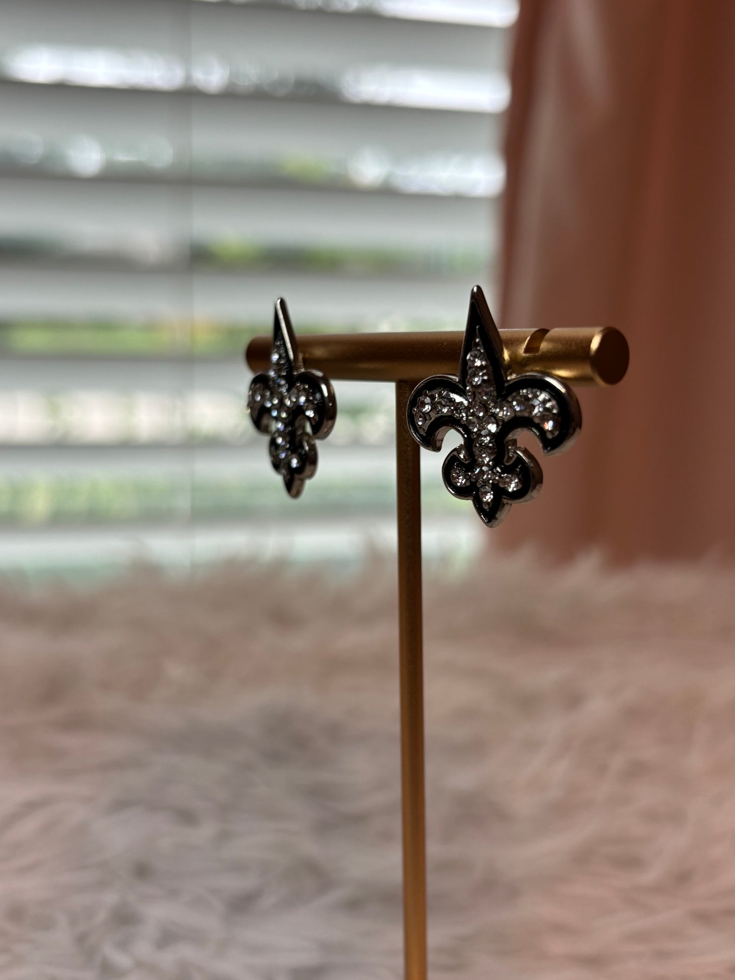 Fleur De Lis Silver Rhinestone Earrings