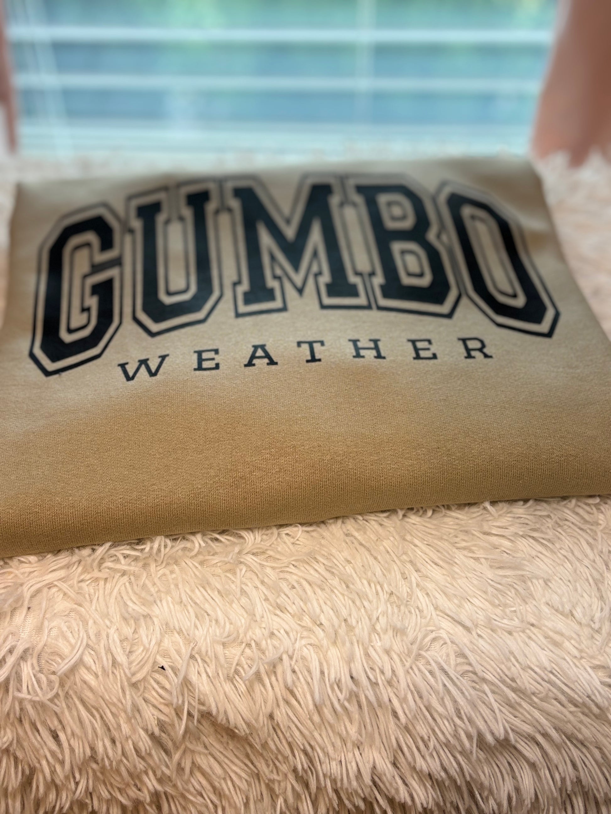 Beige heat press sweatshirt with 'GUMBO WEATHER' text in black