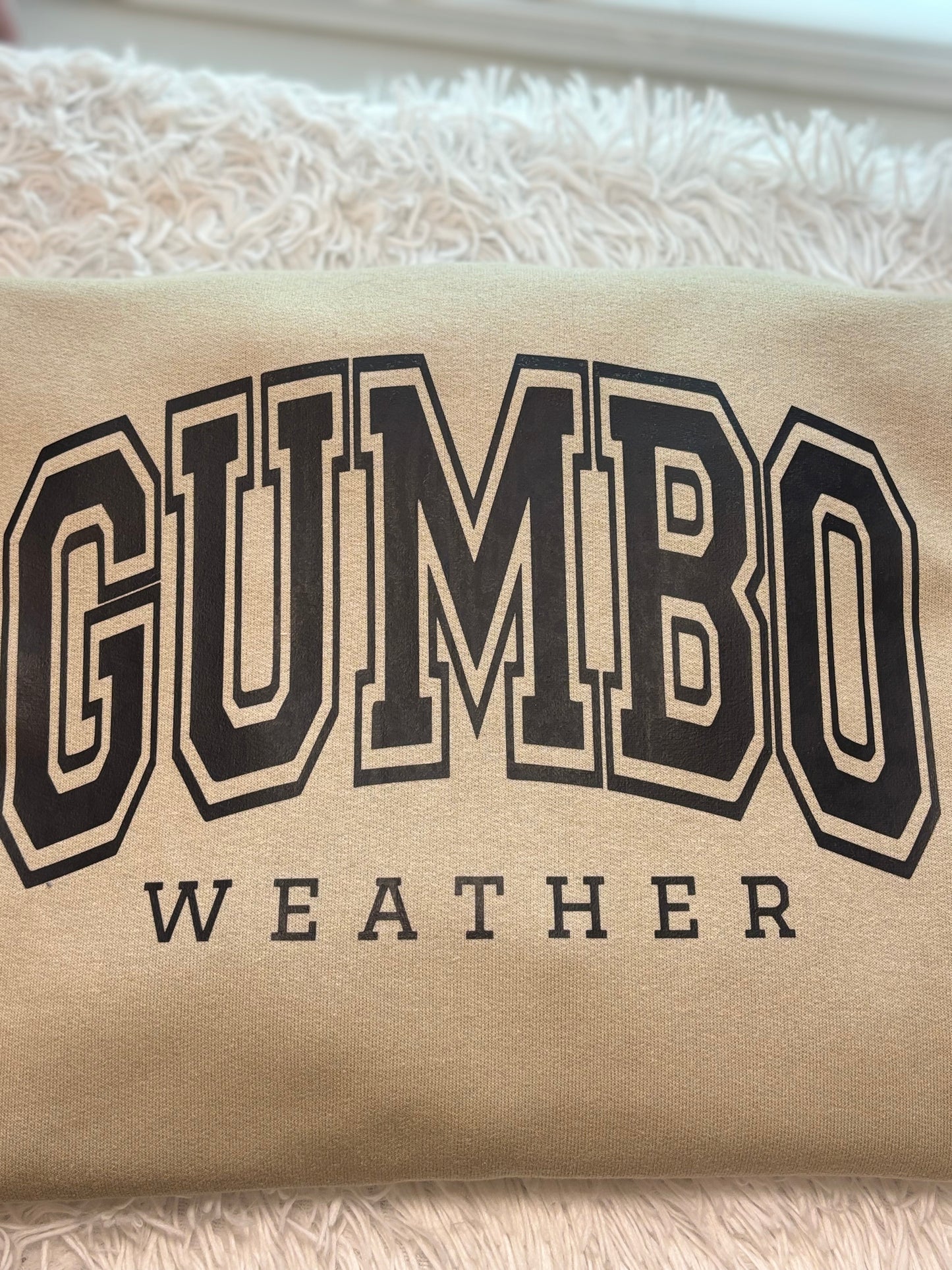 Beige heat press sweatshirt with 'GUMBO WEATHER' text in black