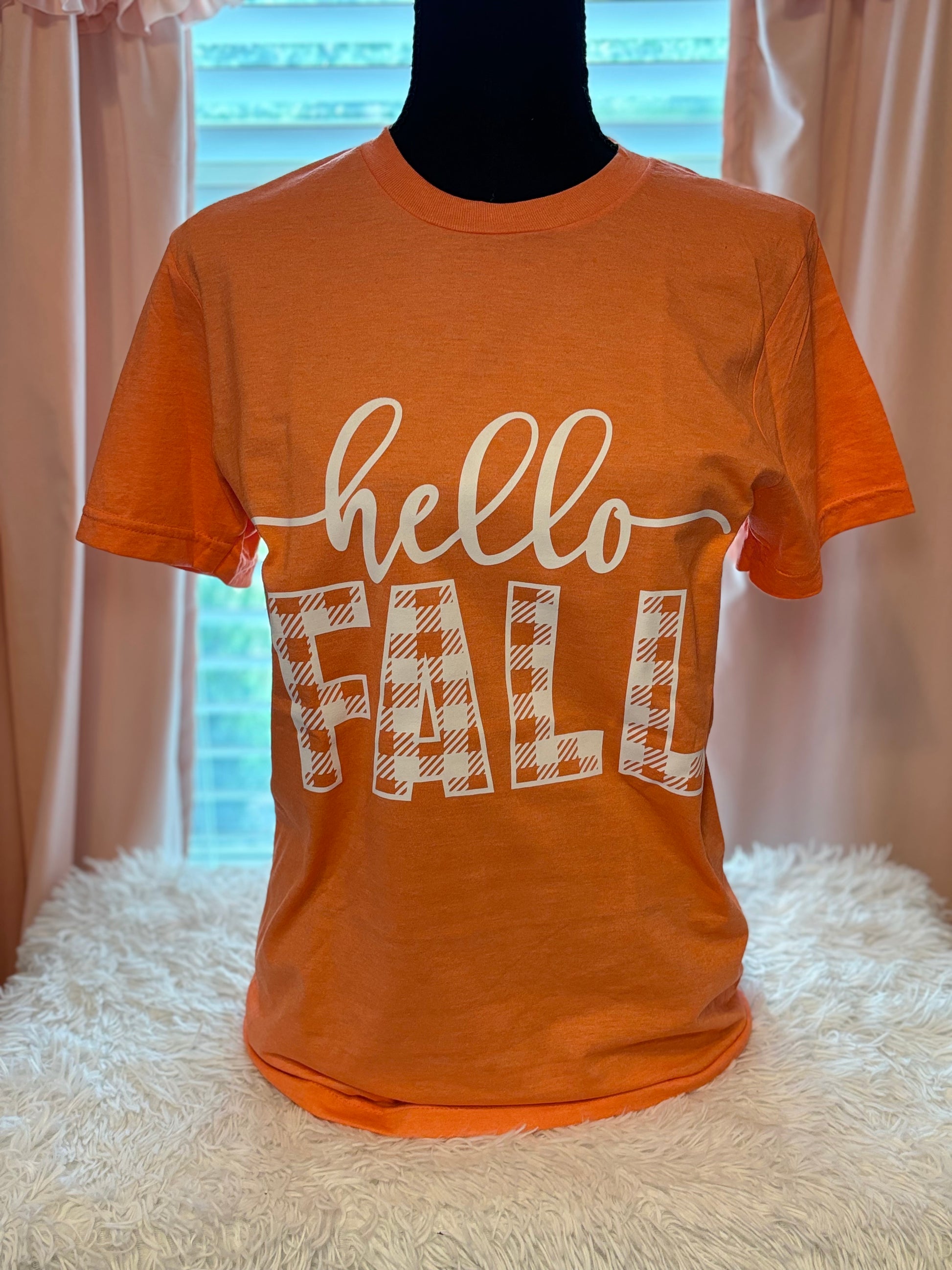 Orange heat press t-shirt with 'hello FALL' text in white