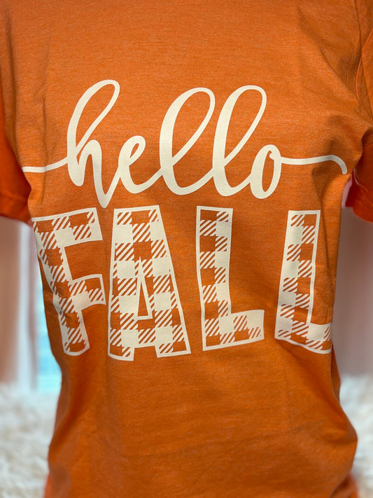 Orange heat press t-shirt with 'hello FALL' text in white