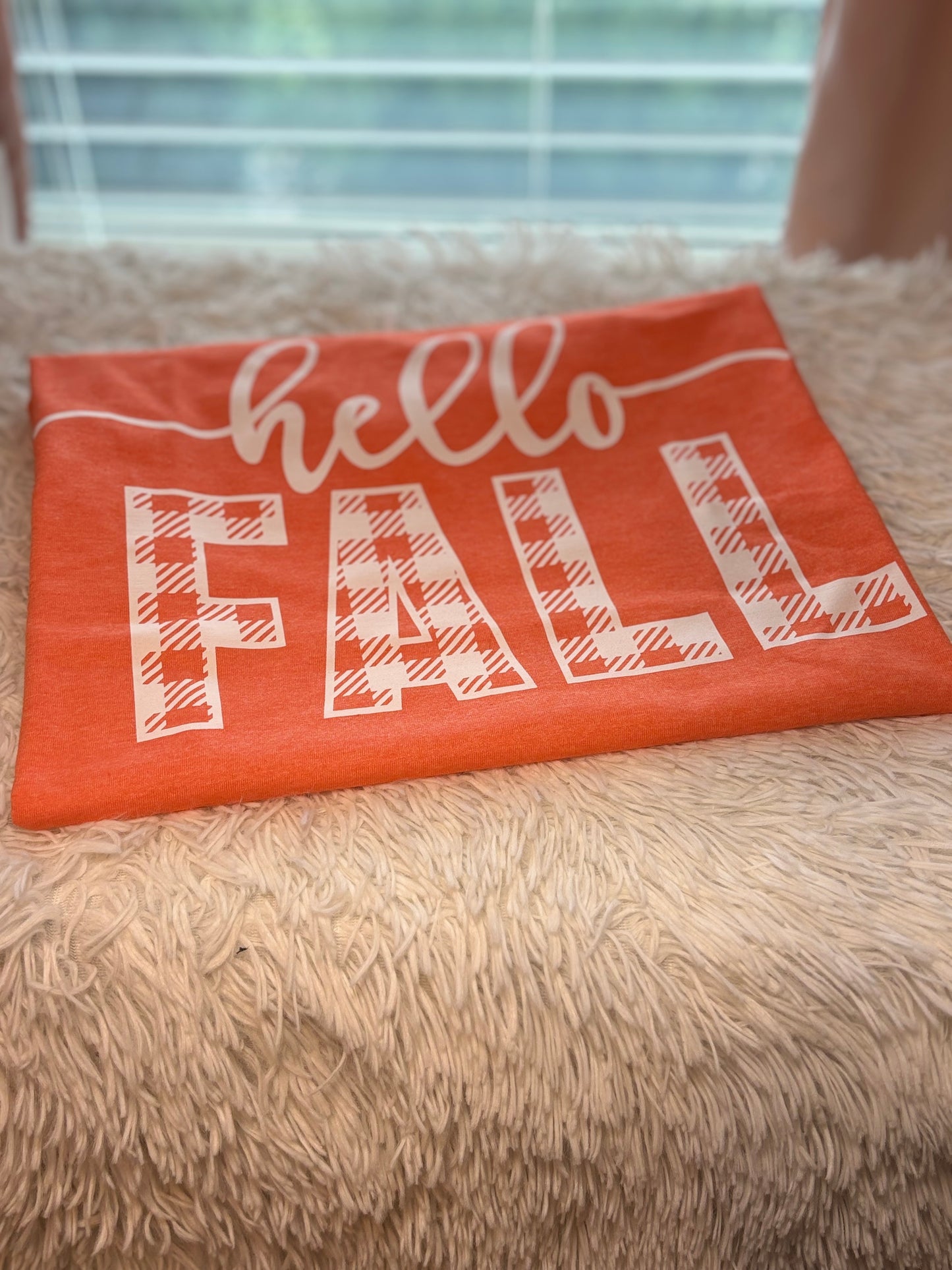 Orange heat press t-shirt with 'hello FALL' text in white