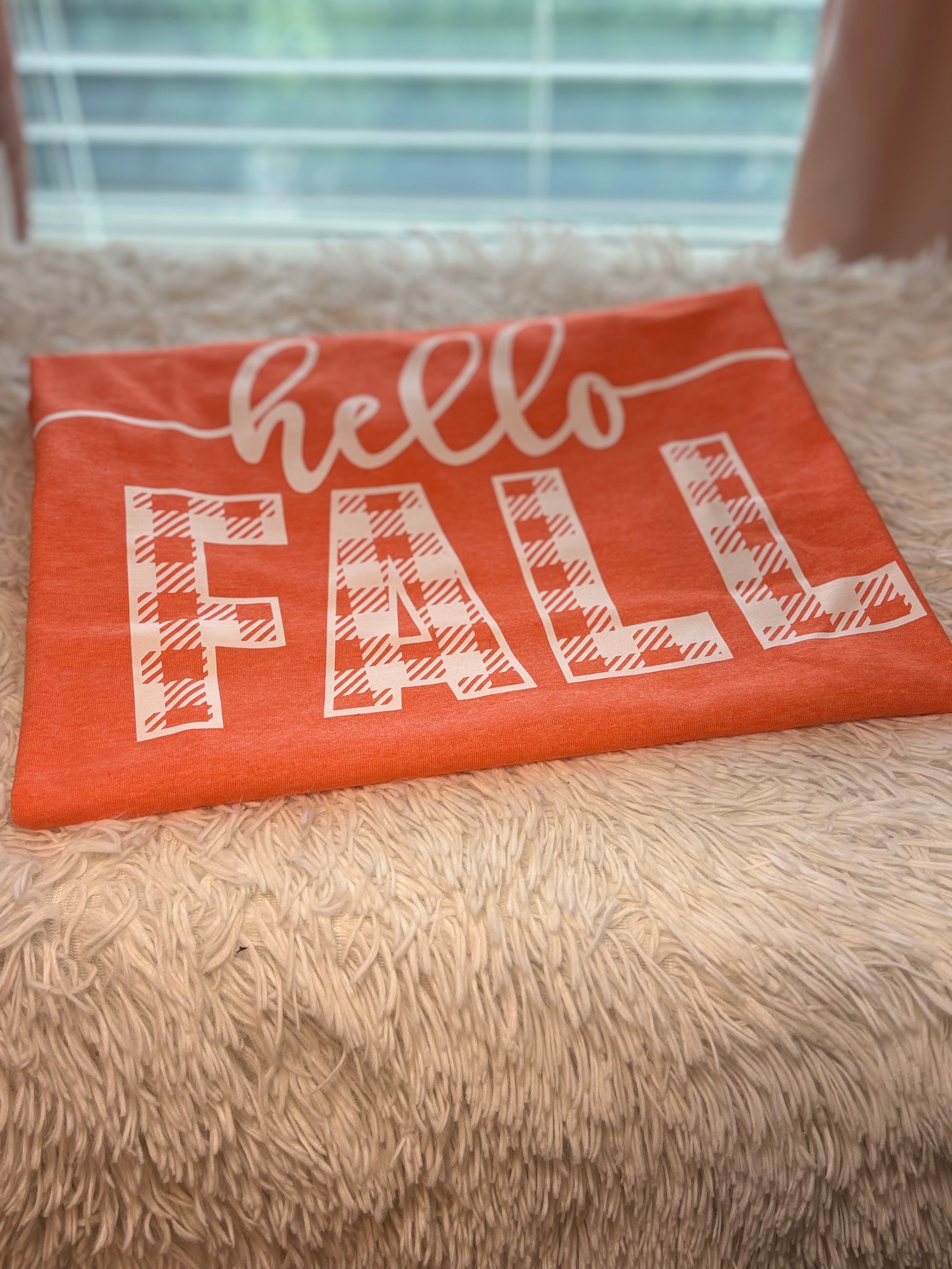 Orange heat press t-shirt with 'hello FALL' text in white