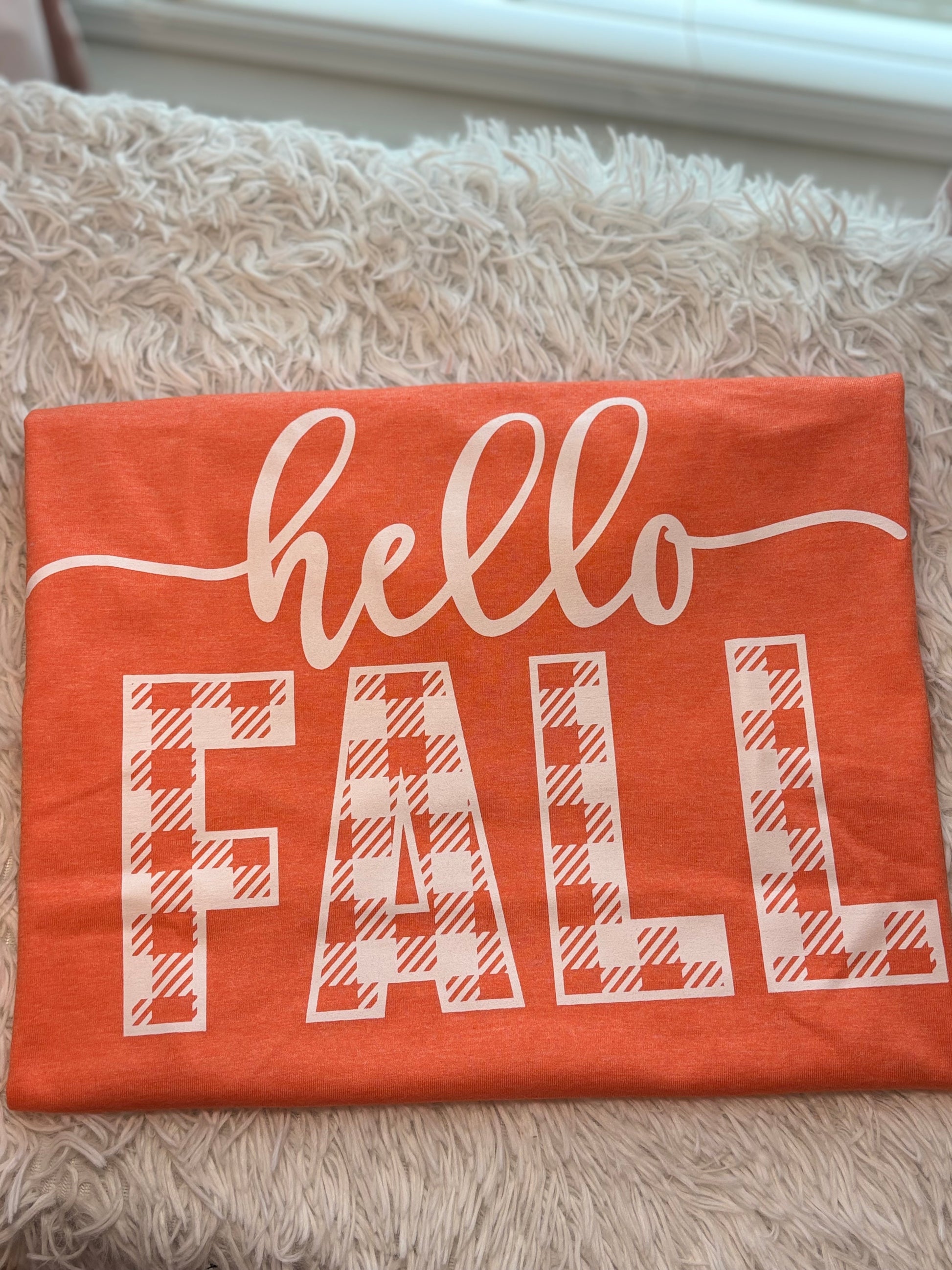 Orange heat press t-shirt with 'hello FALL' text in white