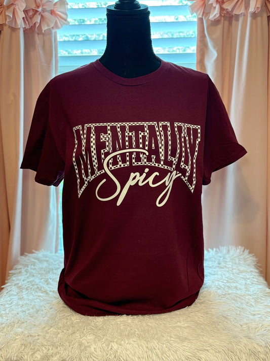 Maroon heat press t-shirt with 'Mentally Spicy' text in white- checkered outline