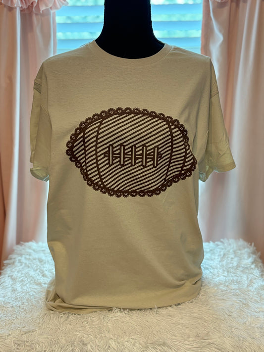 Brown Lace Football heat press t-shirt in tan