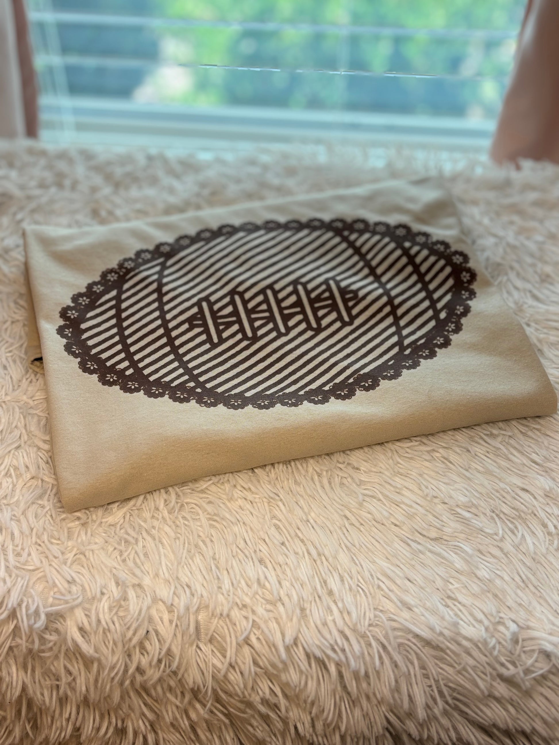 Brown Lace Football heat press t-shirt in tan