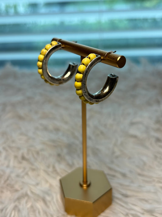 Yellow Round Bead Hoop Earrings