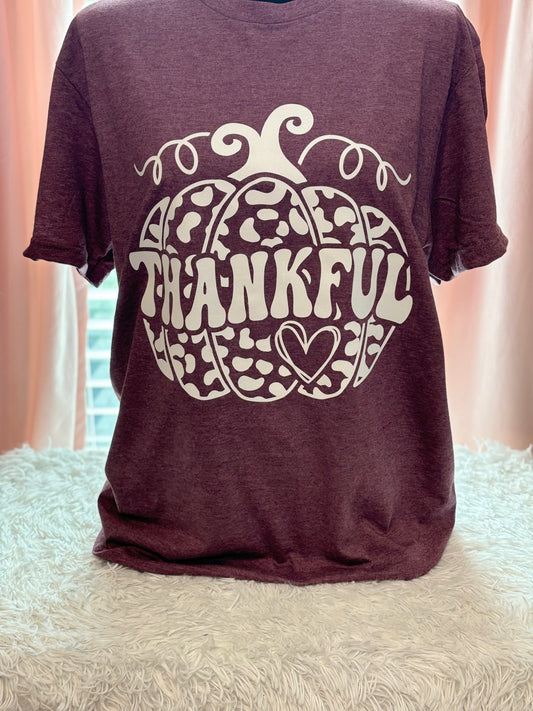 Heather maroon heat press t-shirt with 'THANKFUL' printed in white