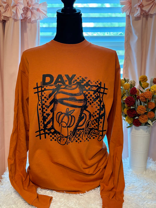 Orange long sleeve t-shirt with black graphic heat press design- Day Drinker latte