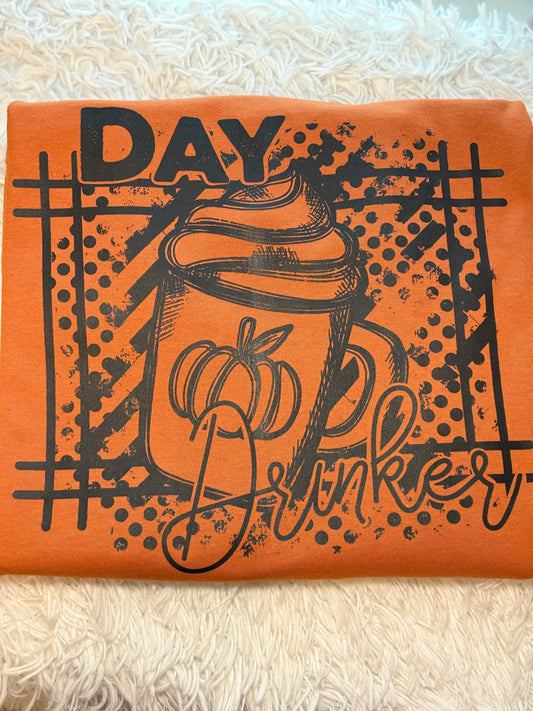 Orange long sleeve t-shirt with black graphic heat press design- Day Drinker latte