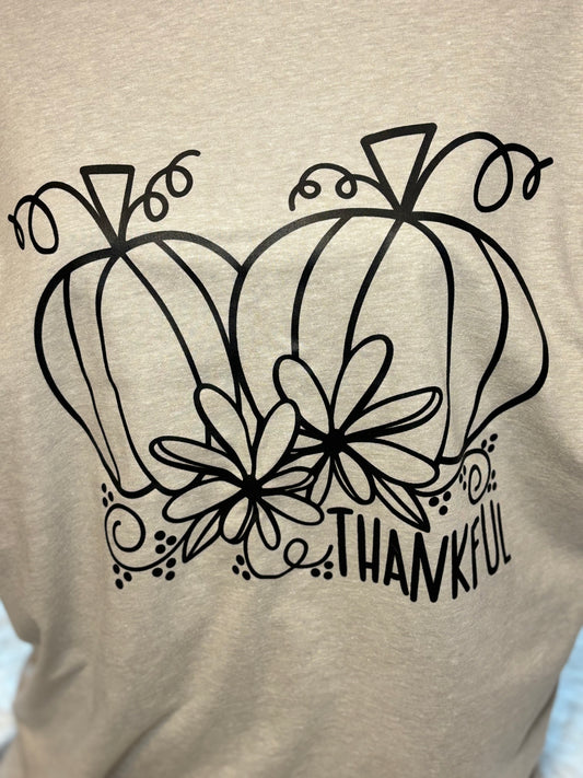 Grey heat press t-shirt with black pumpkin and flower design