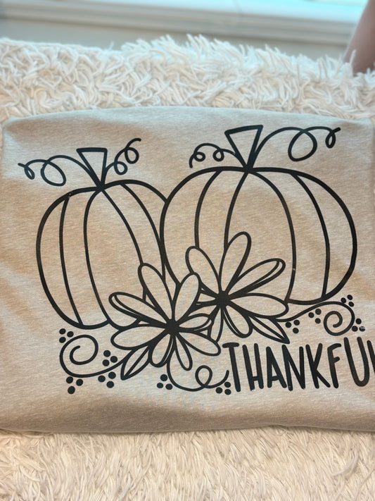 Grey heat press t-shirt with black pumpkin and flower design