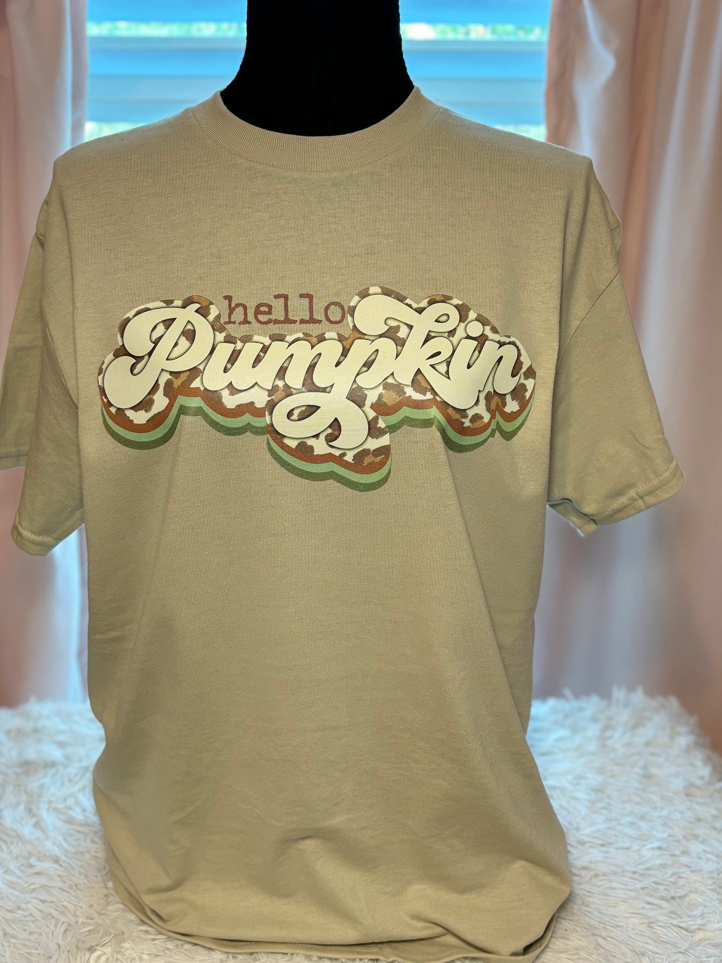 Beige heat press t-shirt with 'hello Pumpkin' text