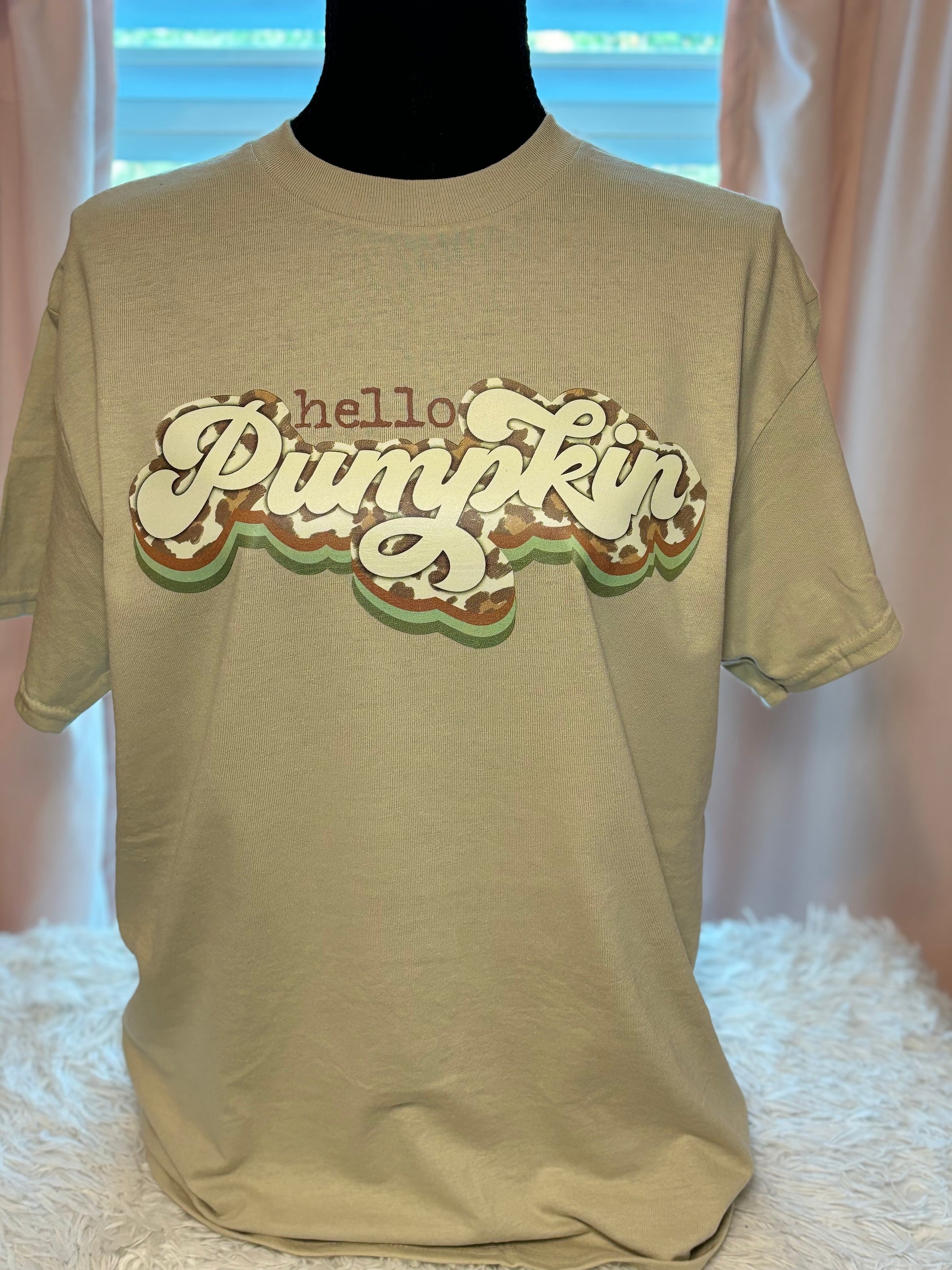 Beige heat press t-shirt with 'hello Pumpkin' text