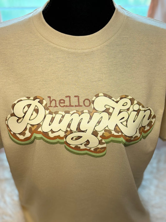 Beige heat press t-shirt with 'hello Pumpkin' text