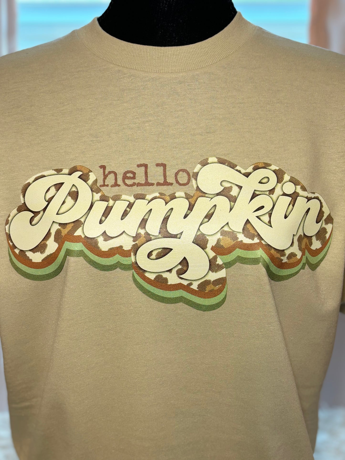 Beige heat press t-shirt with 'hello Pumpkin' text