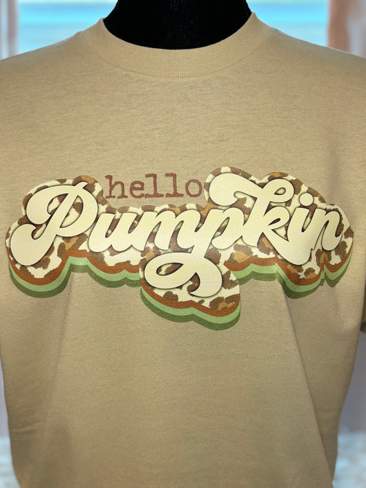 Beige heat press t-shirt with 'hello Pumpkin' text