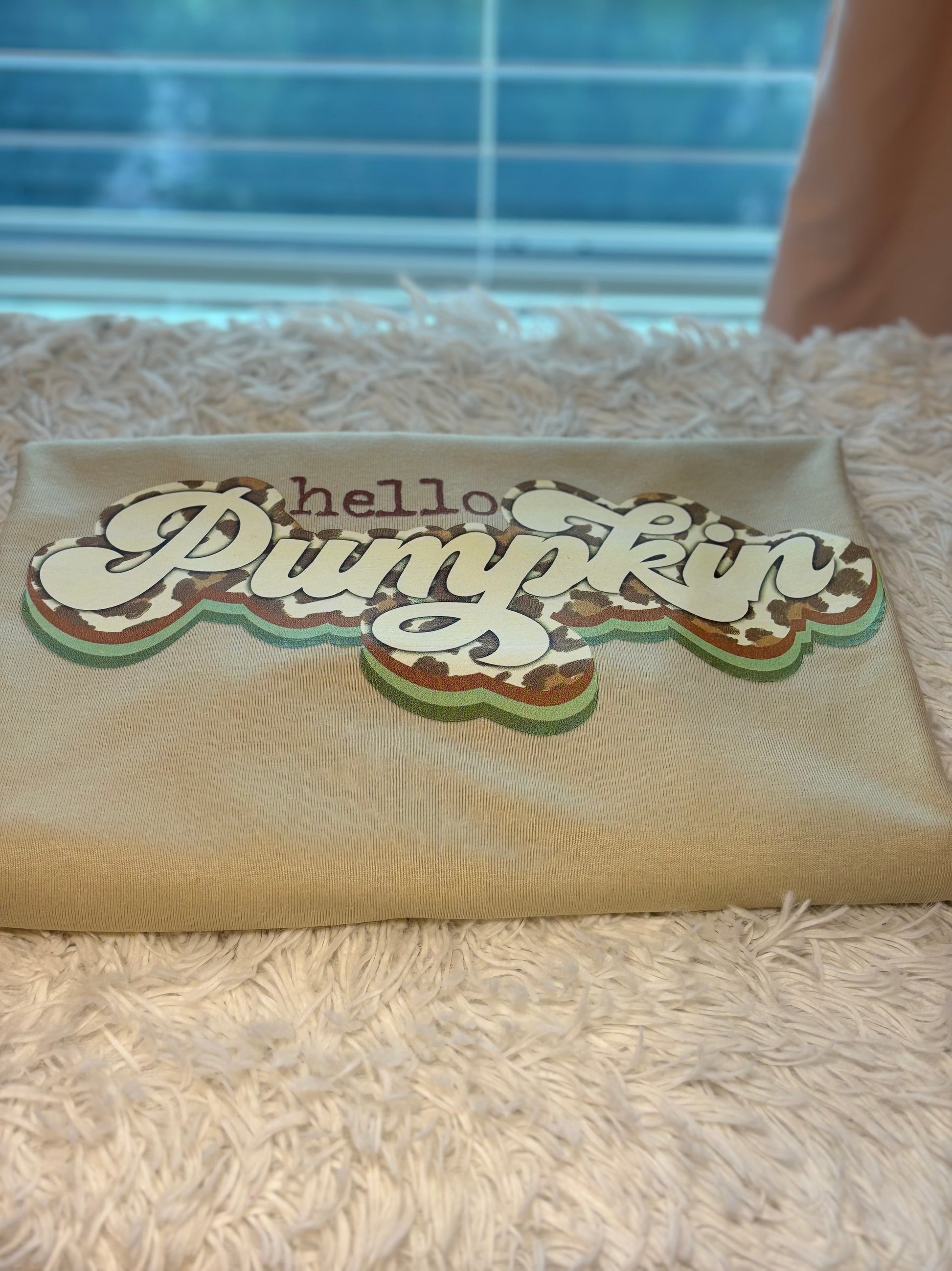 Beige heat press t-shirt with 'hello Pumpkin' text