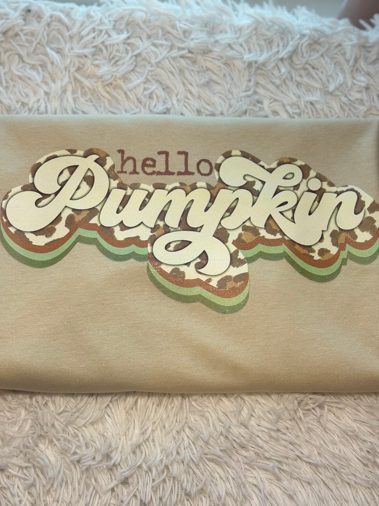 Beige heat press t-shirt with 'hello Pumpkin' text