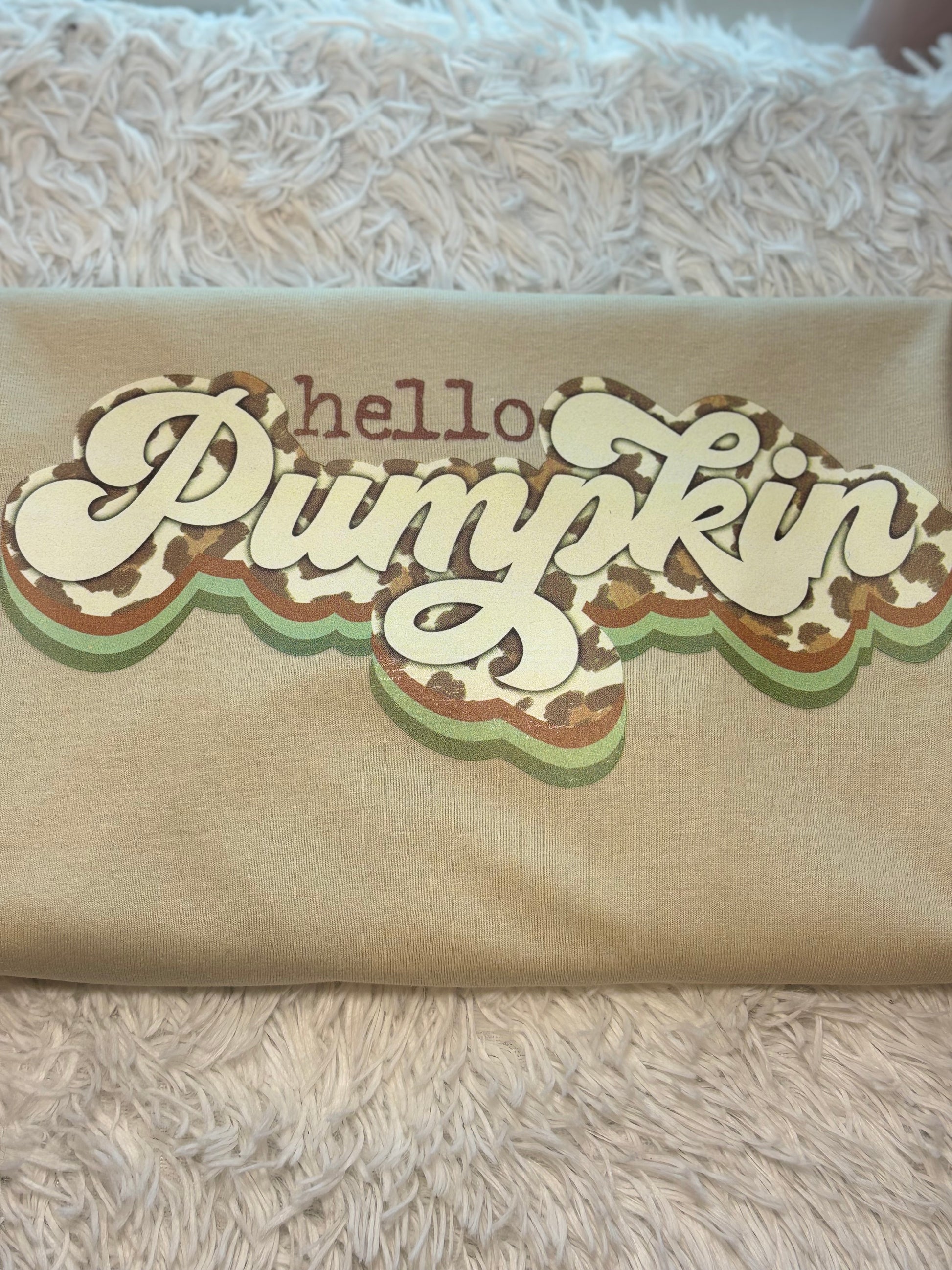 Beige heat press t-shirt with 'hello Pumpkin' text