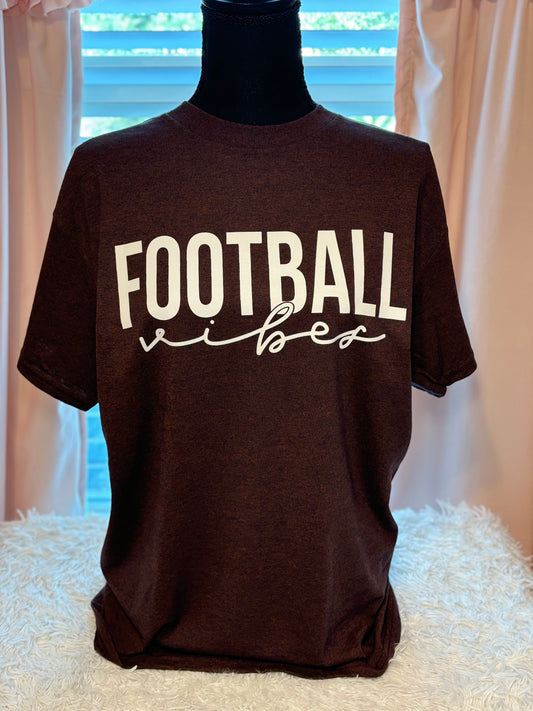 Brown heat press t-shirt with 'FOOTBALL vibes' text in white