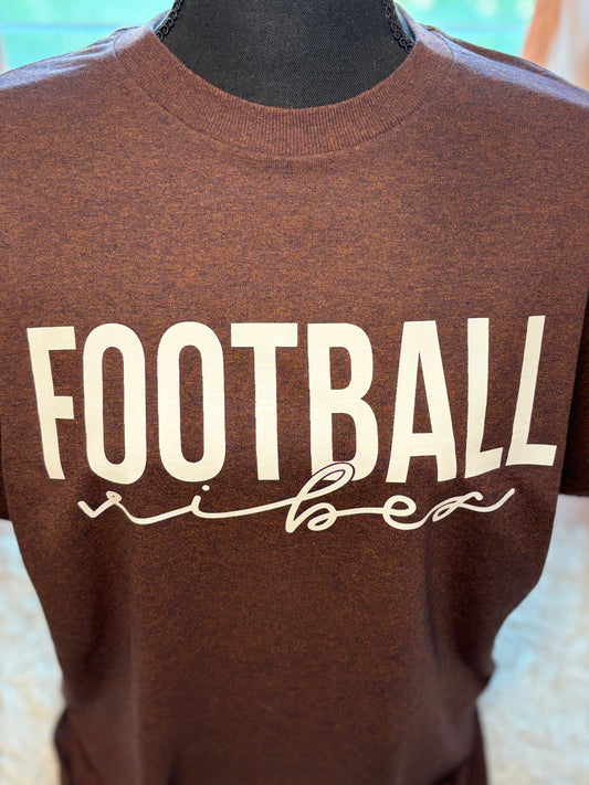 Brown heat press t-shirt with 'FOOTBALL vibes' text in white