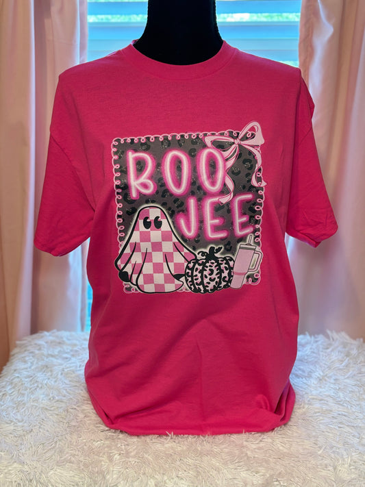 Pink heat press t-shirt with 'BOO JEE' Halloween graphic - ghost, pumpkin, tumbler