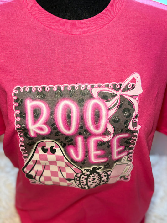 Pink heat press t-shirt with 'BOO JEE' Halloween graphic - ghost, pumpkin, tumbler