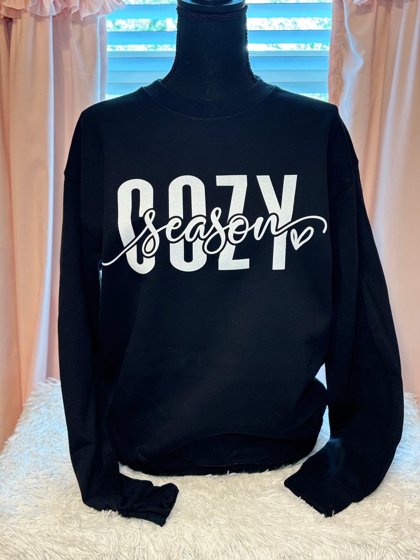 Black heat press sweatshirt with 'Cozy Season' text in white