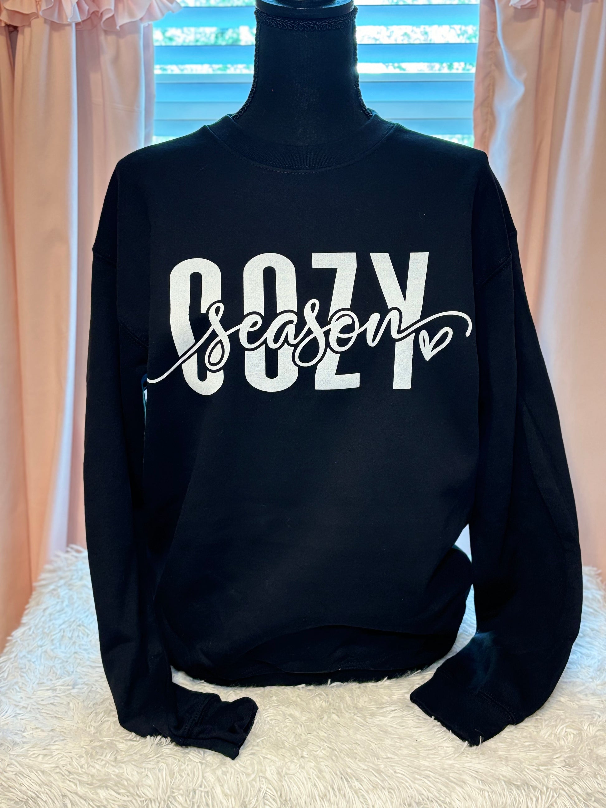 Black heat press sweatshirt with 'Cozy Season' text in white