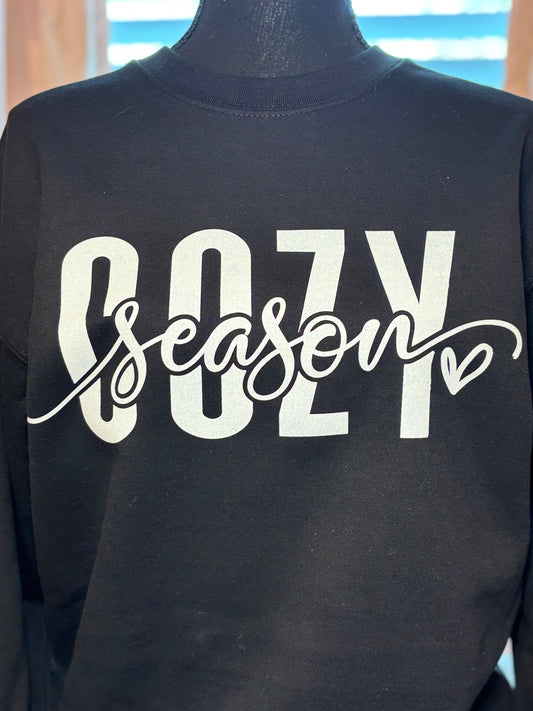 Black heat press sweatshirt with 'Cozy Season' text in white