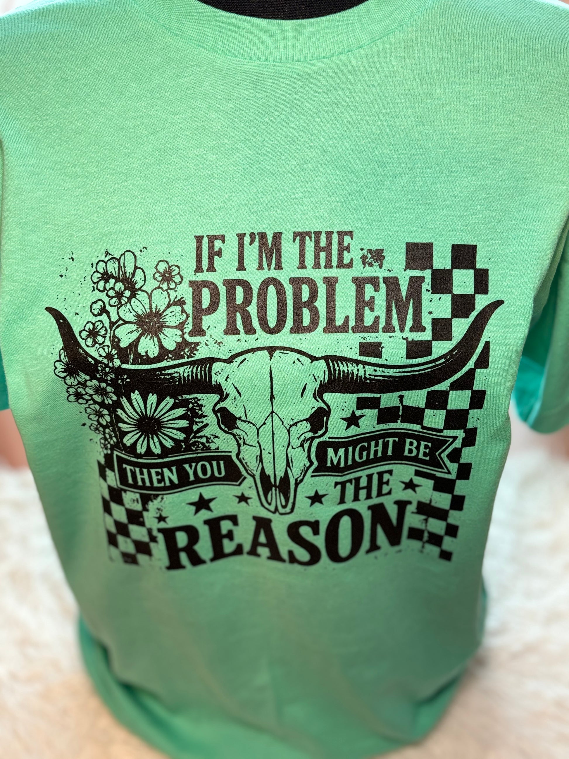 Mint heat press t-shirt with bull skull design and text "If I'm The Problem Then You Might Be The Reason" on a checkered background