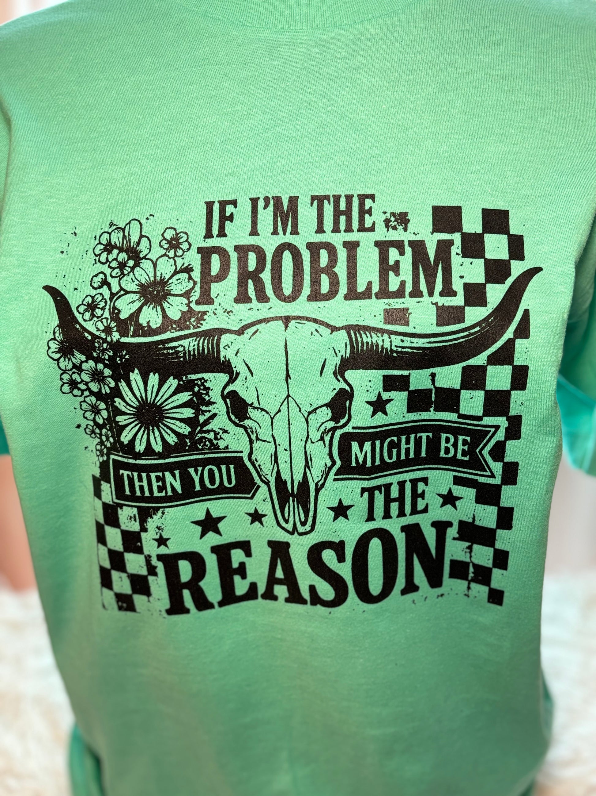 Mint heat press t-shirt with bull skull design and text "If I'm The Problem Then You Might Be The Reason" on a checkered background
